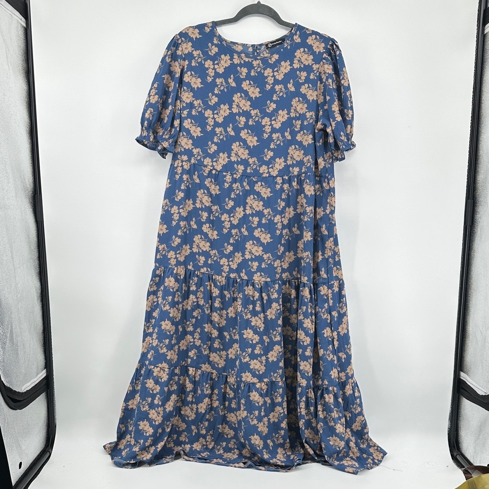 Floral Cottagecore Boho Romantic Feminine Puff Sleeves Blue Maxi Dress SzL